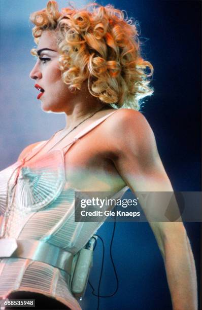 Blonde Ambition Tour, Madonna, Feyenoord Stadion, De Kuip, Rotterdam, Holland, . She is wearing a Jean Paul Gaultier conical bra corset.