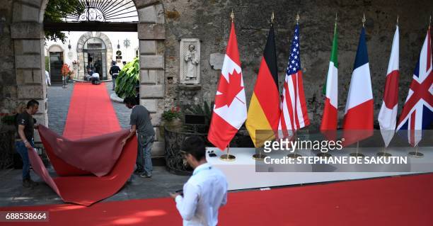 Preparations are under way in front of the San Domenico Palace hotel, venue of the Summit of the Heads of State and of Government of the G7, the...