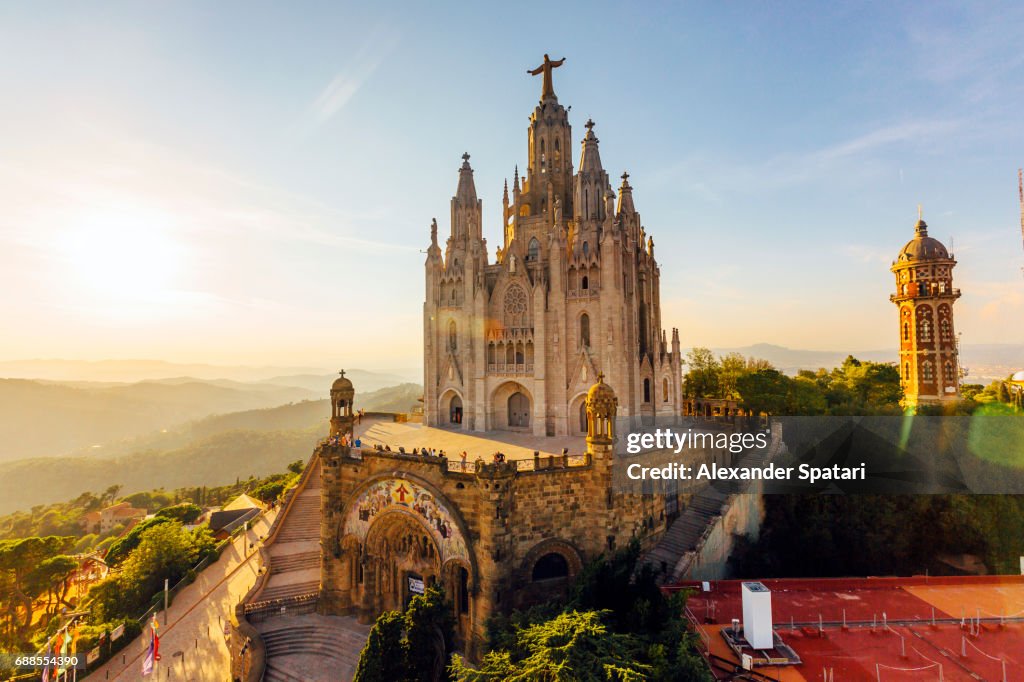 Sagrat Cor Temple at Tibidabo Mountain during sunset, Barcelona, Catalonia, Spain