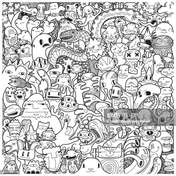 ilustraciones, imágenes clip art, dibujos animados e iconos de stock de doodle de monstruo a mano alzada en negro y blanco - anime