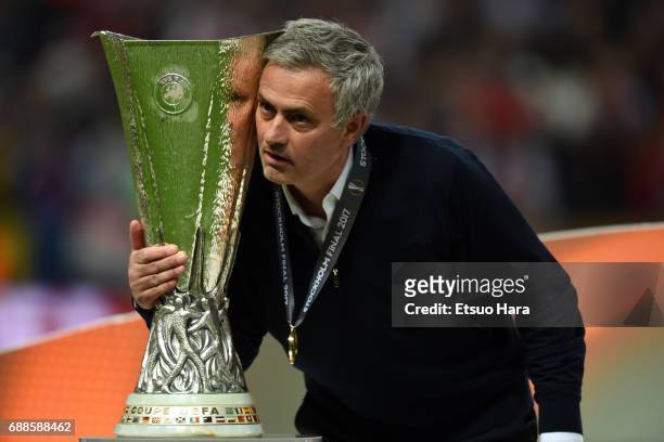 Manchester United manager Jose Mourinho celebrates after the UEFA Europa League final match between Ajax and Manchester United at Friends Arena on...