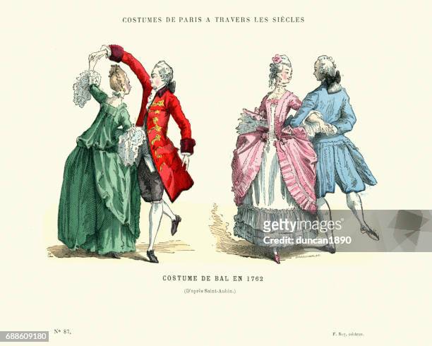 illustrations, cliparts, dessins animés et icônes de histoire de la mode, costumes français salle de bal, 1762 - archive danse