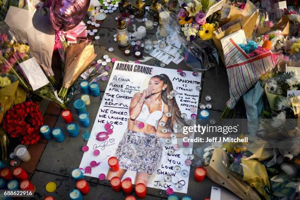 Tributes left in St Ann's Square for the people who died in Monday's terror attack at the Manchester Arena on May 26, 2017 in Manchester, England. An...
