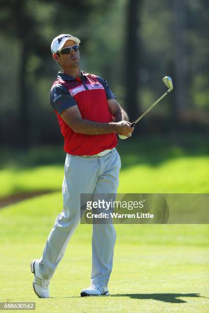 Jaco Van Zyl of South Africa plays his second shot on the 9th hole during day two of the BMW PGA Championship at Wentworth on May 26, 2017 in...