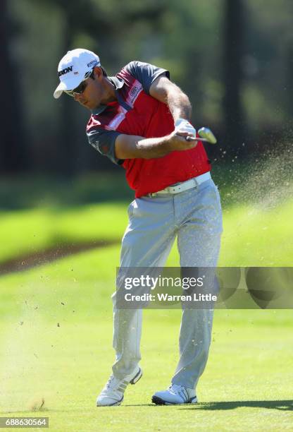 Jaco Van Zyl of South Africa plays his second shot on the 9th hole during day two of the BMW PGA Championship at Wentworth on May 26, 2017 in...