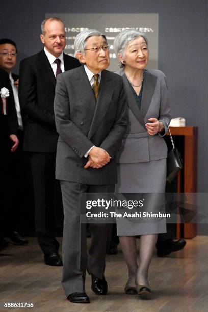 Emperor Akihito and Empress Michiko visit the Alfons Mucha exhibition at the National Art Center, Tokyo on May 25, 2017 in Tokyo, Japan.