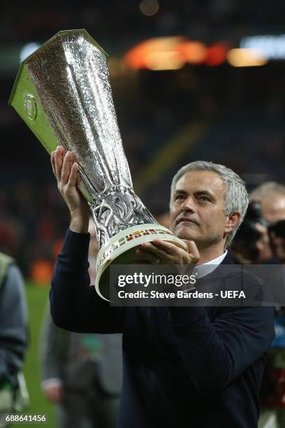 Jose Mourinho, Manager of Manchester United celebrates with The Europa League trophy after the UEFA Europa League Final between Ajax and Manchester...