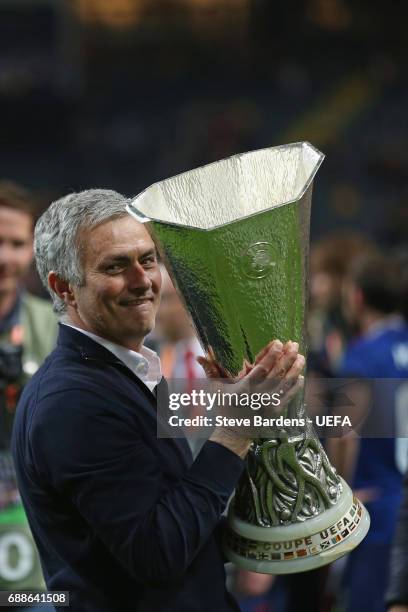 Jose Mourinho, Manager of Manchester United celebrates with The Europa League trophy after the UEFA Europa League Final between Ajax and Manchester...