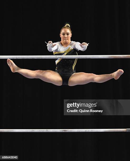 Emily Little of Western Australia competes on the Uneven Bars during the Australian Gymnastics Championships at Hisense Arena on May 26, 2017 in...