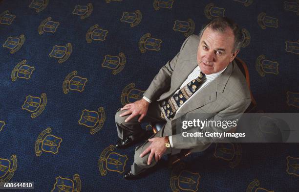 Everton chairman Peter Johnson pictured with the club's crest carpet in July, 1997 in Everton, England.