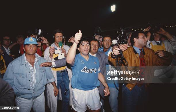 Napoli captain Diego Maradona surrounded by media after the 1989 UEFA Cup Final second leg between VFB Stuttgart and S.S.C Napoli at Neckarstadion on...
