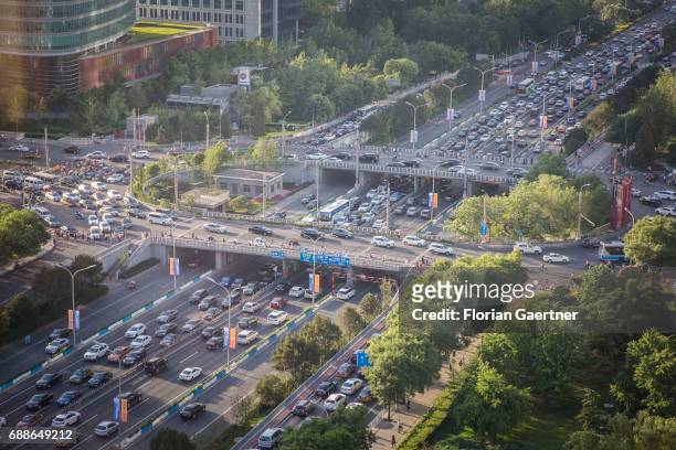 Traffic jam on the highway is pictured on May 24, 2017 in Beijing, China.