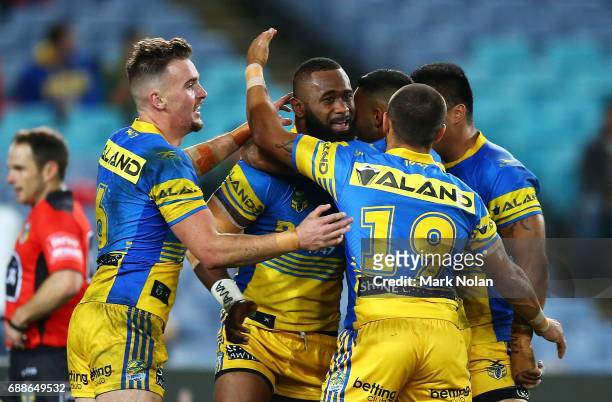 Semi Radradra of the Eels is congratulated after scoring a try during the round 12 NRL match between the South Sydney Rabbitohs and the Parramatta...
