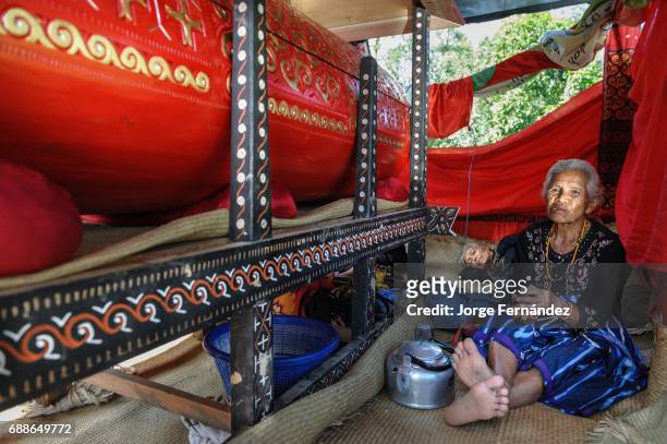 During a traditional ritual funeral of the Tana Toraja relatives of the deceased wait beside the coffin until the ceremony is over. Kola nut are a...