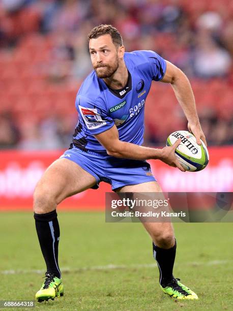 Luke Morahan of the Western Force passes the ball during the round 14 Super Rugby match between the Reds and the Force at Suncorp Stadium on May 26,...