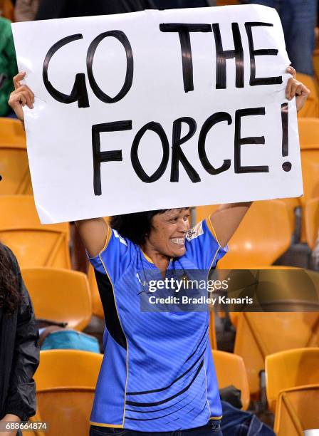 Western Force fan shows her support during the round 14 Super Rugby match between the Reds and the Force at Suncorp Stadium on May 26, 2017 in...