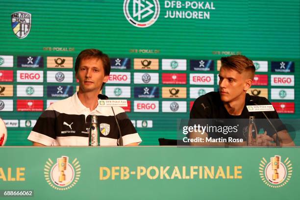 Head coach of FC Carl Zeiss Jena U19 Georg-Martin Leopold , Team captain of FC Carl Zeiss Jena U19 Florian Dietz talk to the media during the DFB...