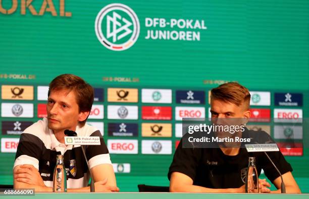 Head coach of FC Carl Zeiss Jena U19 Georg-Martin Leopold , Team captain of FC Carl Zeiss Jena U19 Florian Dietz talk to the media during the DFB...