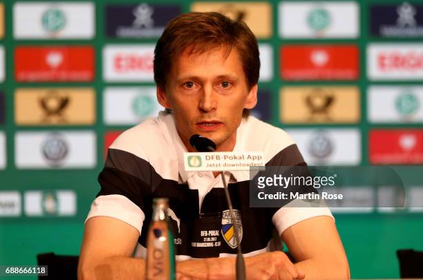 Head coach of FC Carl Zeiss Jena U19 Georg-Martin Leopold talks to the media during the DFB Juniors Cup Final 2017 press conference at Olympiastadion...