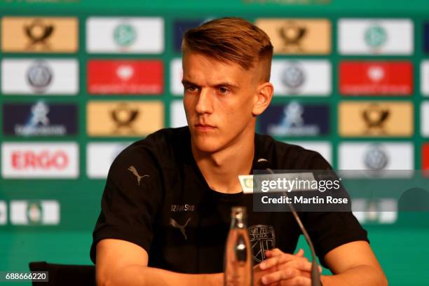 Team captain of FC Carl Zeiss Jena U19 Florian Dietz talks to the media during the DFB Juniors Cup Final 2017 press conference at Olympiastadion on...