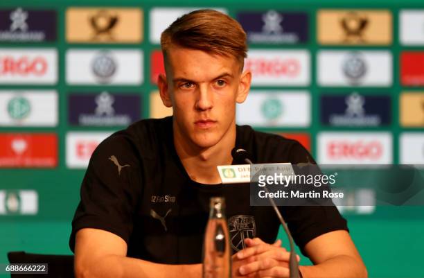Team captain of FC Carl Zeiss Jena U19 Florian Dietz talks to the media during the DFB Juniors Cup Final 2017 press conference at Olympiastadion on...