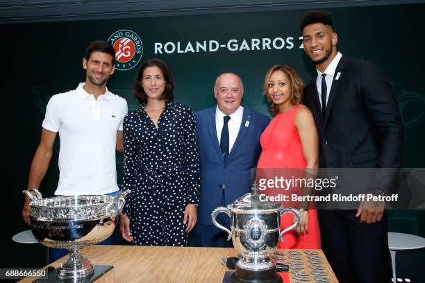 Winner of Roland Garros 2016 , Novak Djokovic, Spanish Winner of Roland Garros 2016 , Garbine Muguruza, President of French Tennis Federation Bernard...