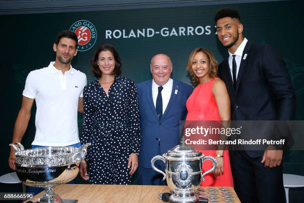 Winner of Roland Garros 2016 , Novak Djokovic, Spanish Winner of Roland Garros 2016 , Garbine Muguruza, President of French Tennis Federation Bernard...