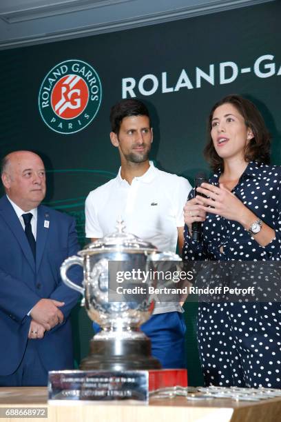 President of French Tennis Federation Bernard Giudicelli, Winner of Roland Garros 2016 , Novak Djokovic and Spanish Winner of Roland Garros 2016 ,...