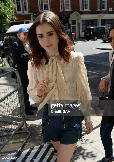 Lily Collins arrives at the BBC on May 26, 2017 in London, England.