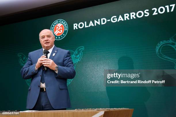 President of French Tennis Federation Bernard Giudicelli presents the 2017 Roland Garros French Tennis Open : Women's and Men's Singles Draw. Held at...