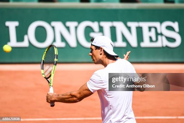 Rafael Nadal of Spain during a qualifying match or training session of the French Open at Roland Garros on May 26, 2017 in Paris, France.