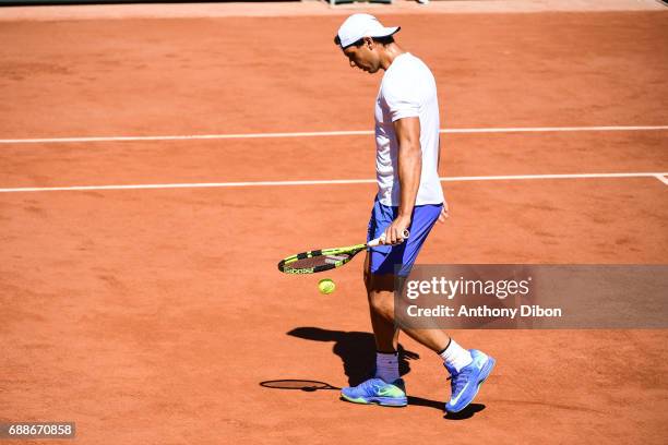 Rafael Nadal of spain Practice session during a qualifying match or training session of the French Open at Roland Garros on May 26, 2017 in Paris,...