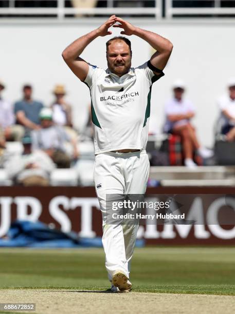 Joe Leach of Worcestershire reacts during the Specsavers County Championship division two match between Northamptonshire and Worcestershire at The...