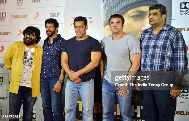 Salman Khan, Sohail Khan, Kabir Khan and Pritam Chakraborty at the trailer launch of his film 'Tubelight' in Mumbai.