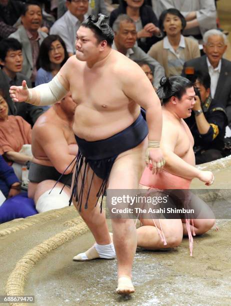 Ikioi reacts after his victory over Ura during day thirteen of the Grand Sumo Summer Tournament at Ryogoku Kokugikan on May 26, 2017 in Tokyo, Japan.