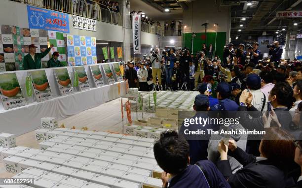 General view of 'Yubari Melon' first auction of the season at Sapporo City Wholesale Market on May 26, 2017 in Sapporo, Hokkaido, Japan. A pair of...