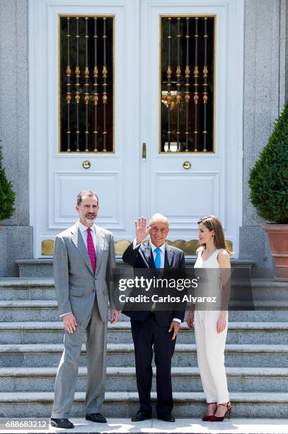 King Felipe VI of Spain and Queen Letizia of Spain receive Portuguese President Marcelo Rebelo de Sousa at Zarzuela Palace on May 26, 2017 in Madrid,...