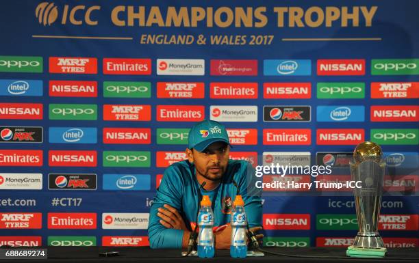 Mashrafe Mortaza, Captain of Bangladesh looks on during a ICC Champions Trophy - Bangladesh Press Conference at Edgbaston on May 26, 2017 in...