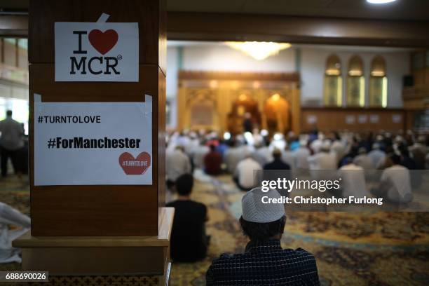 Muslims attend Friday prayers at Manchester Central Mosque where they prayed for those who were killed or injured in the Manchester Arena bombing and...