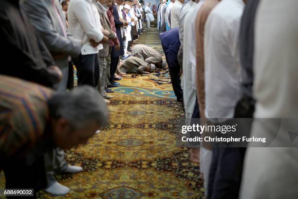 Muslims attend Friday prayers at Manchester Central Mosque where they prayed for those who were killed or injured in the Manchester Arena bombing and...