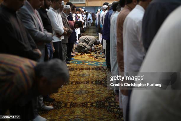 Muslims attend Friday prayers at Manchester Central Mosque where they prayed for those who were killed or injured in the Manchester Arena bombing and...