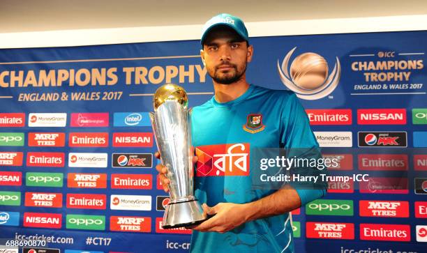 Mashrafe Mortaza, Captain of Bangladesh poses with the trophy during a ICC Champions Trophy - Bangladesh Press Conference at Edgbaston on May 26,...