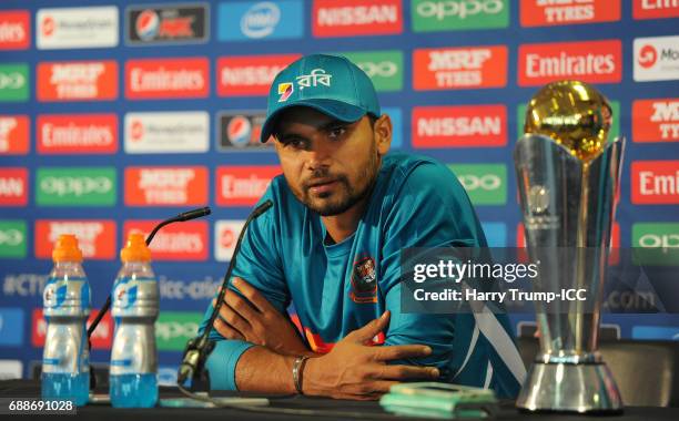 Mashrafe Mortaza, Captain of Bangladesh looks on during a ICC Champions Trophy - Bangladesh Press Conference at Edgbaston on May 26, 2017 in...