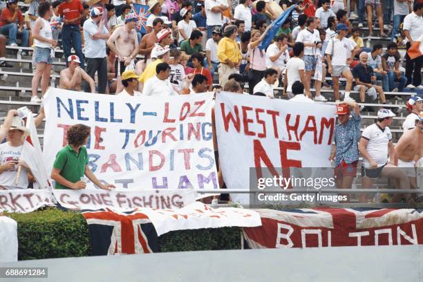 England fans display their banners before the 1986 World Cup Match against Morocco in Monterry on June 6, 1986 in Mexico.