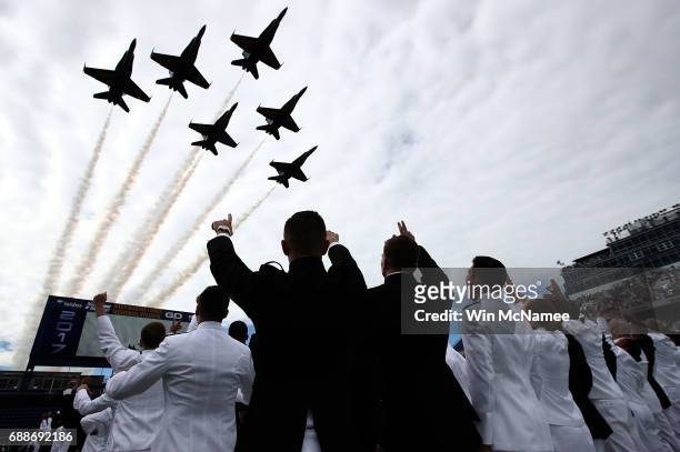 The U.S. Navy Blue Angels fly over graduation ceremonies at the U.S. Naval Academy May 26, 2017 in Annapolis, Maryland. U.S. Vice President Mike...