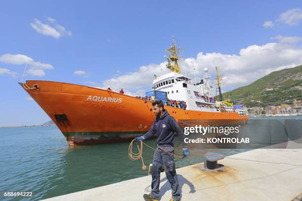 The Ship, Acquarius, of Italian-Franco-German humanitarian organization «Sos Mediterranee» in partnership with «Medici senza frontiere» in the port...