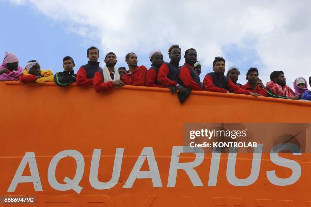 Some migrants on The Ship, Acquarius, of Italian-Franco-German humanitarian organization «Sos Mediterranee» in partnership with «Medici senza...