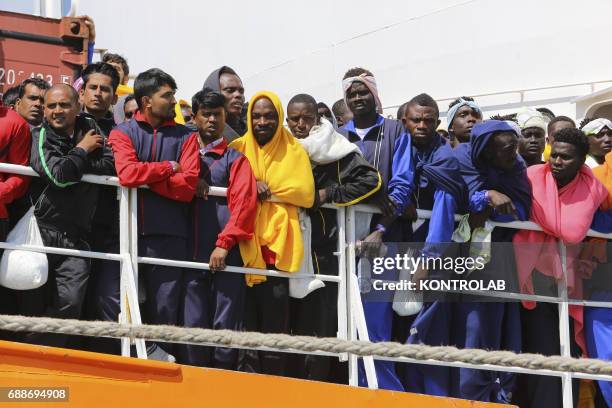 Some migrants on The Ship, Acquarius, of Italian-Franco-German humanitarian organization «Sos Mediterranee» in partnership with «Medici senza...