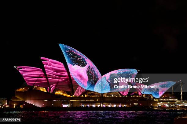 The Sydney Opera House sails are lit for the start of the Vivid Festival on May 26, 2017 in Sydney, Australia. Vivid Sydney is an annual festival...