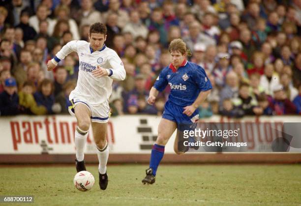 Leeds United forward Eric Cantona in action during his Leeds debut during the League Division One match between Oldham Athletic and Leeds United at...